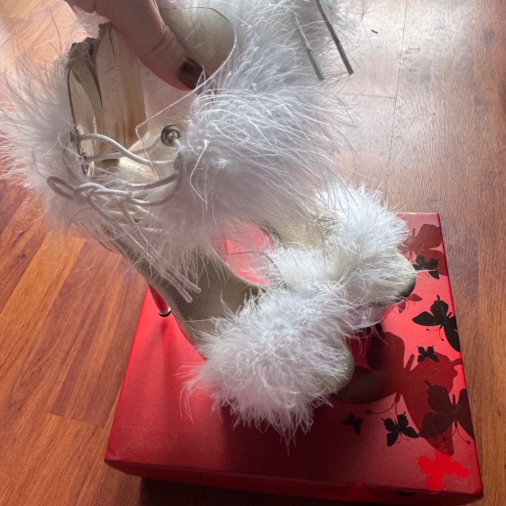 Fluffy white pleaser sandals size 8